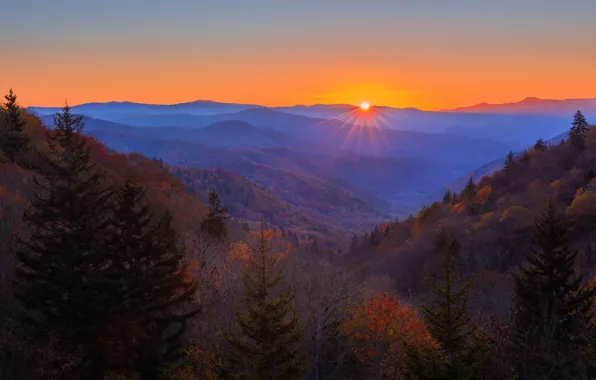 Picture autumn, forest, the sky, the sun, rays, sunset, mountains, blue