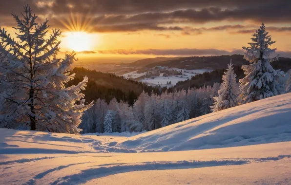 Winter, frost, field, forest, the sky, the sun, clouds, rays