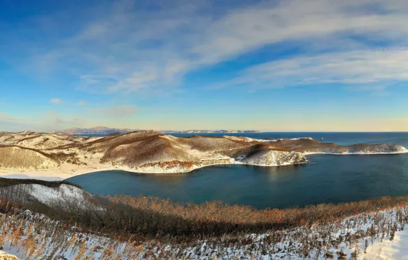 Winter, sea, snow, hills, panorama