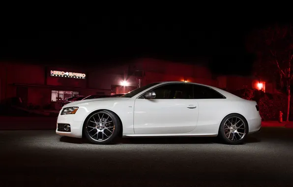 White, night, Audi, tuning, coupe, side