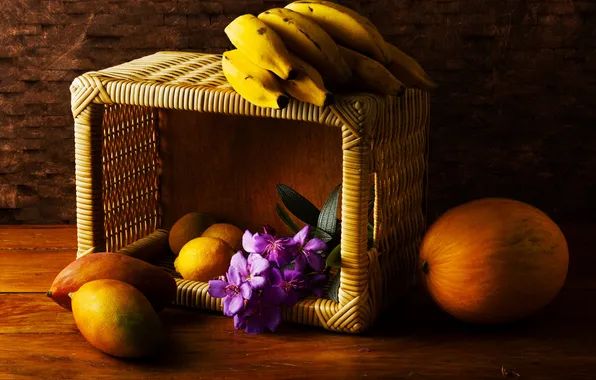 Flowers, lemon, basket, mango, banana, melon