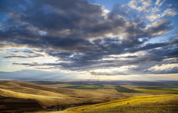 The sun, clouds, rays, hills, field, Oregon