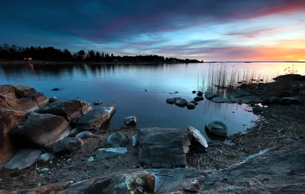 Picture landscape, sunset, lake, stones