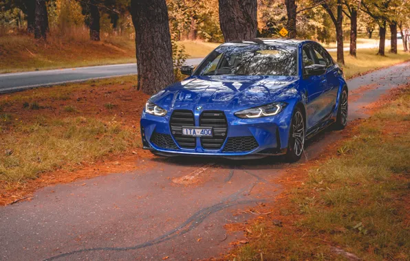 BMW, Blue, Autumn, BMW M3, Road, Sedan, Forest, G80