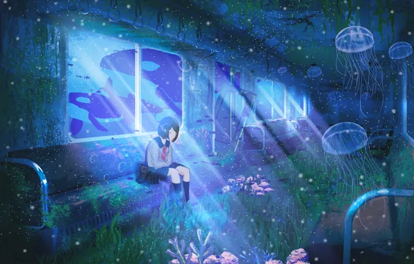 Girl, train, fantasy, jellyfish, under water