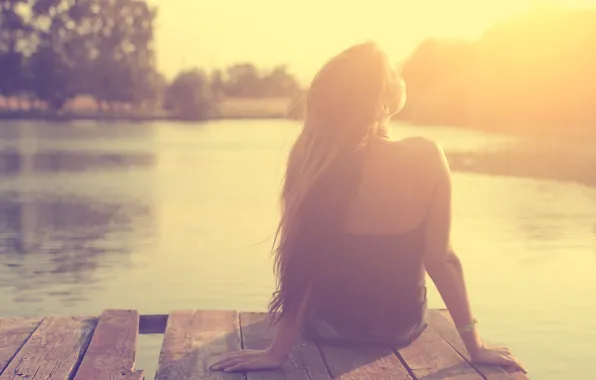 Picture girl, the sun, light, river, pier