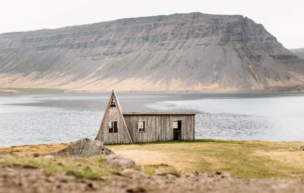 Mountains, rocks, Bay, house, hut, the fjord, fishing Lodge