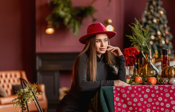 Picture girl, green eyes, hat, photo, photographer, model, bokeh, lips