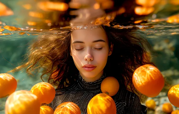 Water, girl, light, face, pose, glare, oranges, bathing