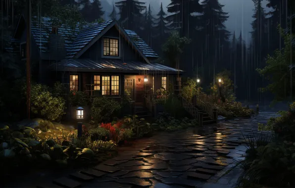 Forest, summer, drops, flowers, night, nature, lights, house
