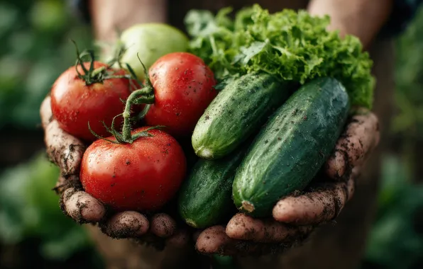 Earth, hands, dirt, vegetables, tomatoes, fresh, cucumbers, salad