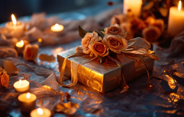 Flowers, holiday, gift, roses, candle, bouquet, candles, bow