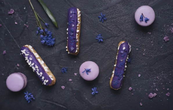 Cookies, cream, eclairs, macaron, almond