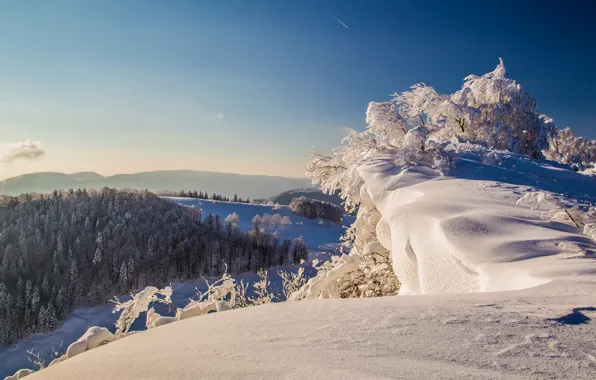Winter, the sky, snow, trees, mountains