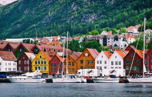 Picture sea, mountains, the city, home, yachts, Norway