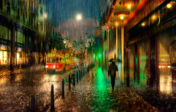 Picture night, rain, Prague, tram