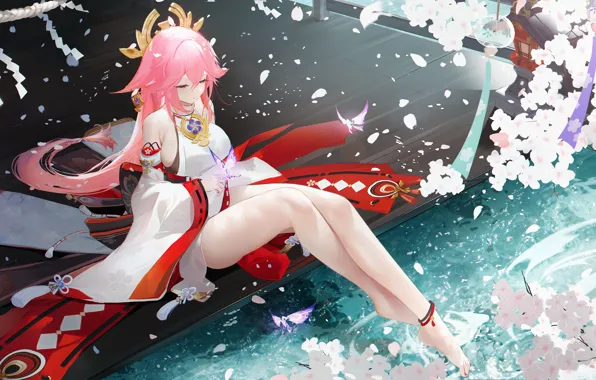 Water, girl, flowers, butterfly, Genshin Impact, Yae Miko