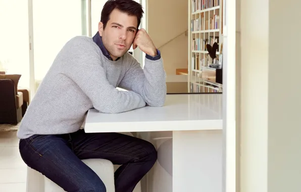 Picture jeans, actor, journal, sitting, photoshoot, Zachary Quinto, Zachary Quinto, jumper