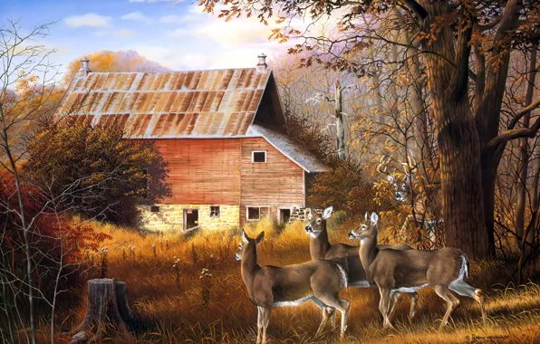 Forest, house, figure, picture, art, three, painting, deer