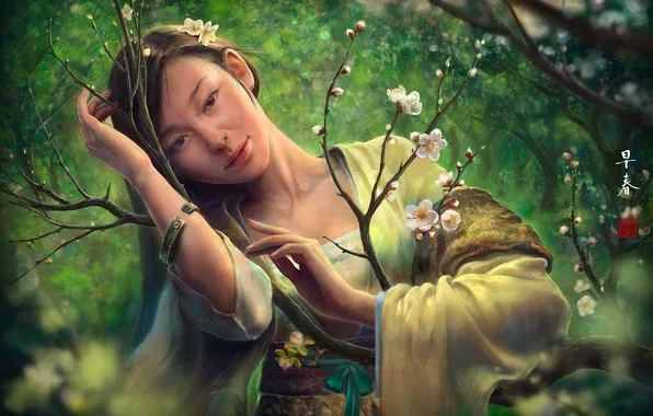 Picture look, girl, flowers, tree, spring, Sakura, art, Asian