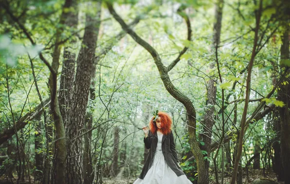 Forest, girl, red