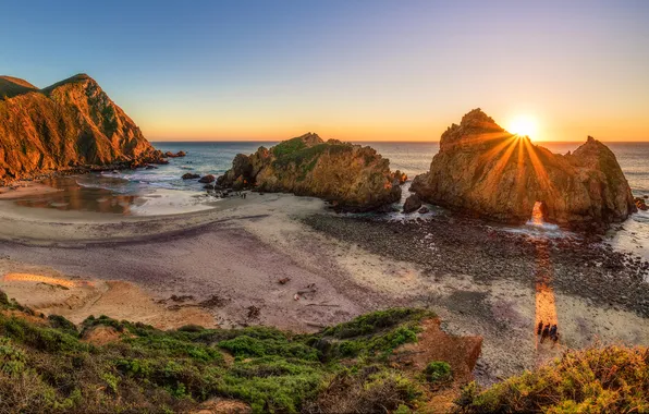 Sea, sunset, stones, rocks, coast, horizon, the rays of the sun, California