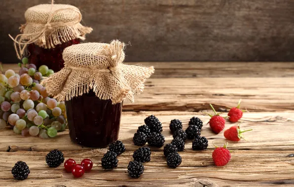 Picture berries, raspberry, grapes, jars, banks, currants, BlackBerry, jam