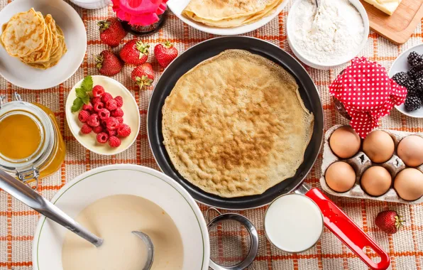 Raspberry, eggs, pancakes