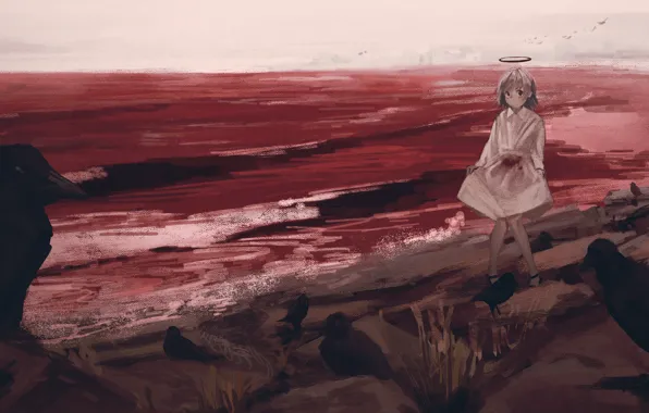 Sea, blood, girl, crows, halo