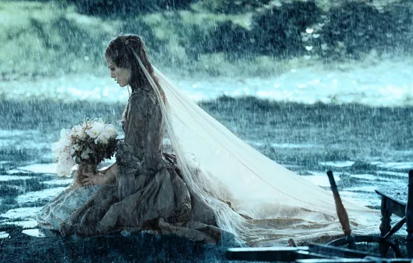 Girl, rain, bouquet, Keira Knightley, veil, Nesta, dead man's chest, Elizabeth Swann