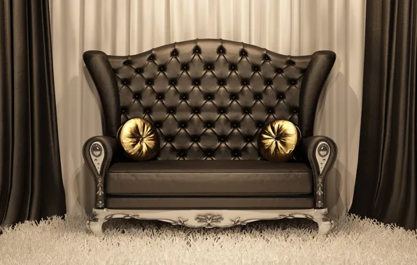 Picture style, gold, carpet, pillow, Sofa, leather, curtains