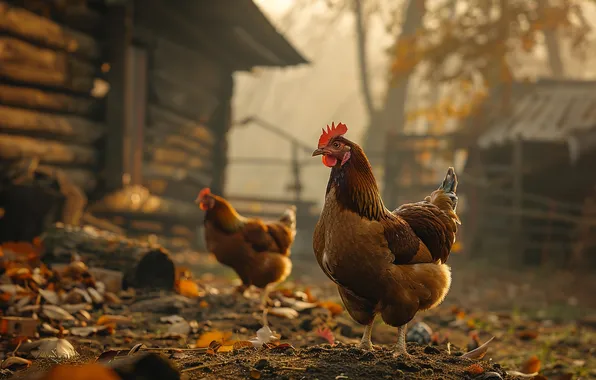 Autumn, trees, birds, house, glade, foliage, the fence, chicken