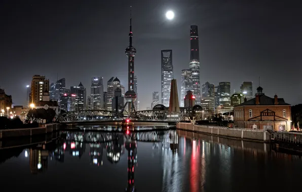 Picture night, bridge, the city, lights, China, Shanghai