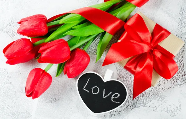 Love, gift, bouquet, tape, tulips, red, red, love