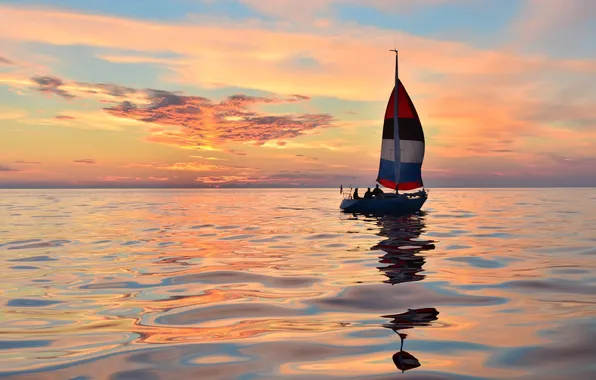 Sea, sunset, the evening, silhouette, sail, silhouettes, athletes, OLYMPUS sports boat