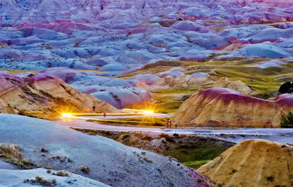 Road, mountains, USA, Badlands National Park, South Dakota, lights headlight