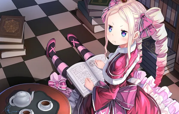 Girl, books, anime, art, Beatrice, Re: Zero kara hajime chip isek or Seikatsu, tea service, …