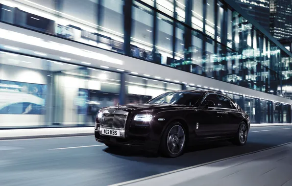 Auto, Night, The city, Machine, Lights, The front, In motion, Rolls Royce Ghost V-Specification