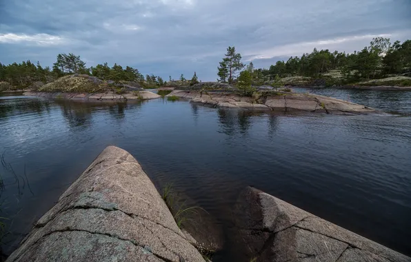 Water, lake, stones, the evening, twilight, Karelia, Ladoga, Sergey Serushkin