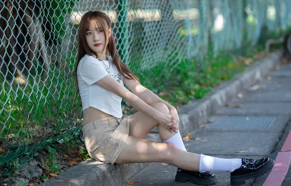 Asian, T-shirt, Feet, Knee, Skirt, Sitting