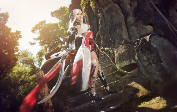 Picture look, girl, light, trees, nature, pose, style, stones, weapons, feet, sword, figure, blonde, costume, ladder, …