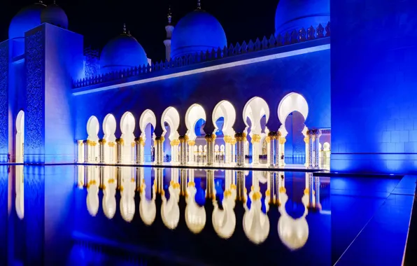 Picture night, lights, UAE, The Sheikh Zayed Grand mosque, Abu Dhabi