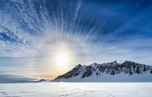Picture the sky, the sun, clouds, snow, mountains, Antarctica