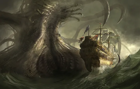 Picture sea, danger, ship, monster, art, giant