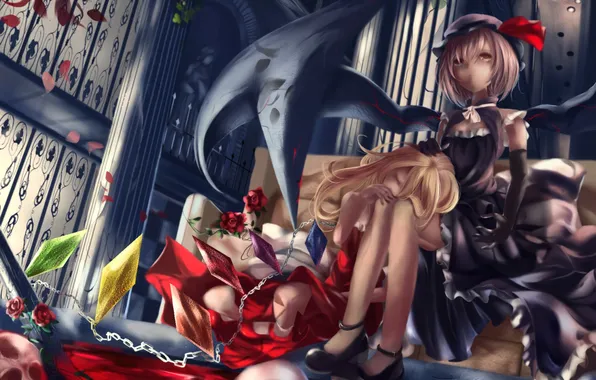 Picture girls, sofa, skull, roses, wings, art, crystals, touhou