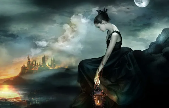Picture girl, night, castle, the moon