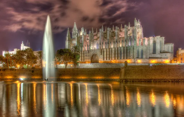Picture wall, Cathedral, fountain, Spain, promenade, pond, Spain, Majorca