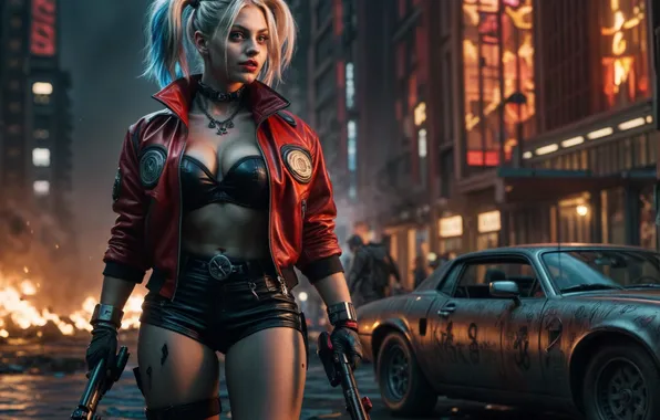 Girl, street, dog, cyborg, Harley Quinn, the image is generated by AI