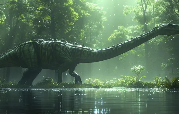 Water, Lake, Trees, Dinosaur, Neck, Animal, Side, Digital art