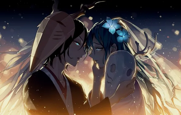 Mask, horns, blue eyes, two, the bride, veil, flower in hair, almost kiss